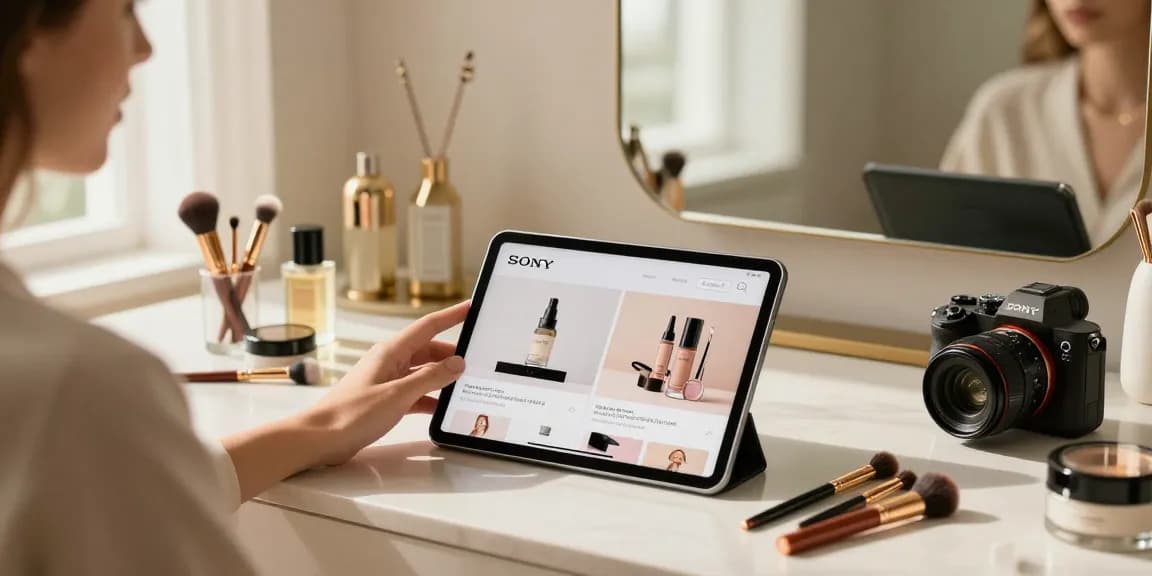 Pengalaman berbelanja LUXURY12 Link Alternatif di meja rias dengan produk kecantikan premium dan pencahayaan lembut.