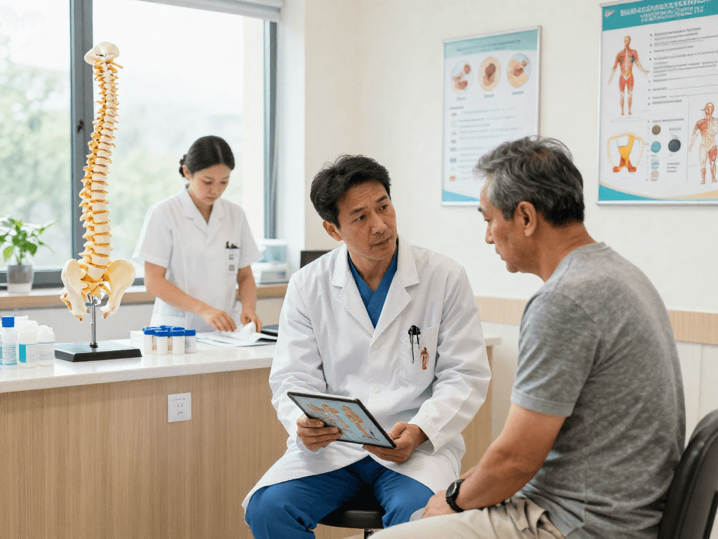 Engaging consultation on bel kayması ameliyatı between a surgeon and patient in a modern clinic.