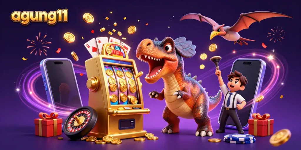 Experience the thrill of agung11 as dinosaurs collide with a jackpot slot machine in a lively casino scene.