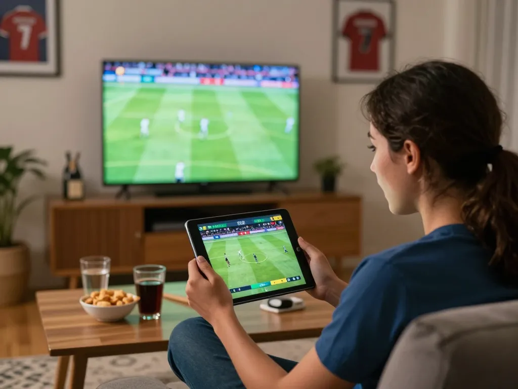 Checking live Kết quả bóng đá updates on a tablet with excitement from home, capturing the thrill of sports betting