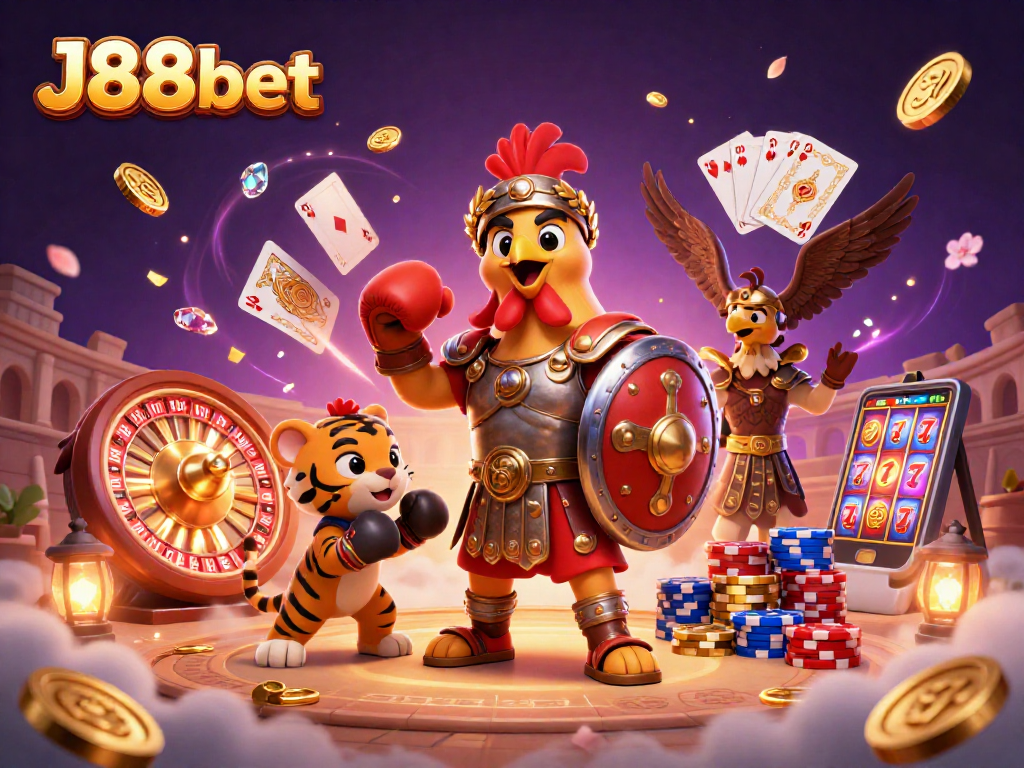 Experience thrilling gaming with J88bet as a 3D gladiator rooster leads a vibrant casino adventure.