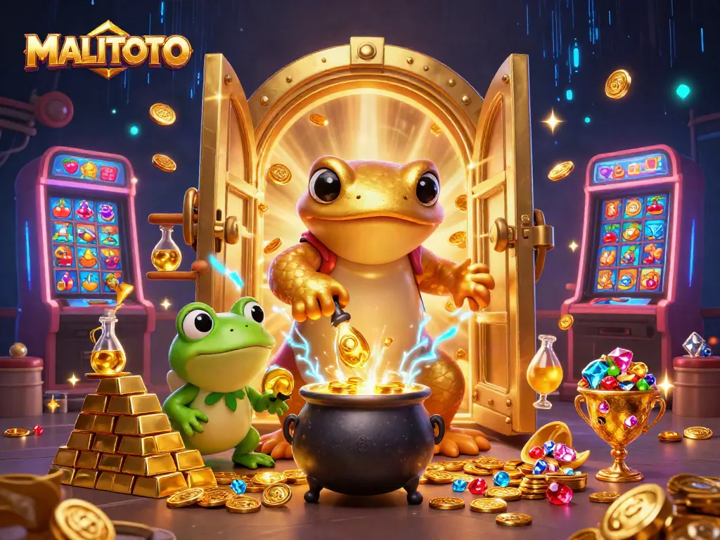Engaging illustration of MALITOTO showcasing a vibrant casino scene with golden treasures and gaming excitement.