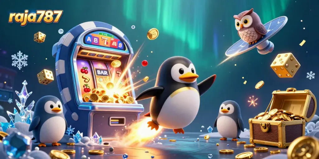 Raja787 merayakan jackpot dengan slot mesin yang meledak dengan koin dan simbol keberuntungan.