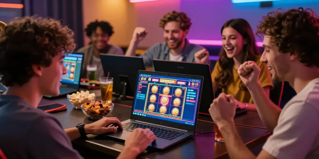Friends enjoying a lively online gaming session at a 2up casino.