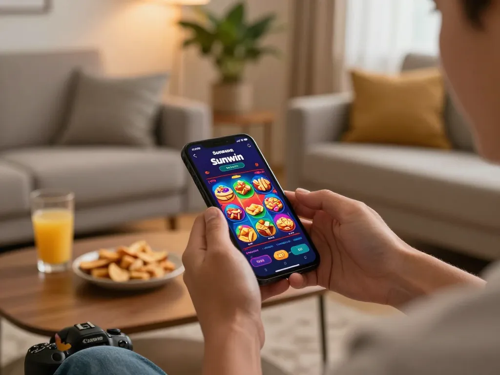 Player using Sunwin app on smartphone, enjoying online casino gaming experience in cozy setting.