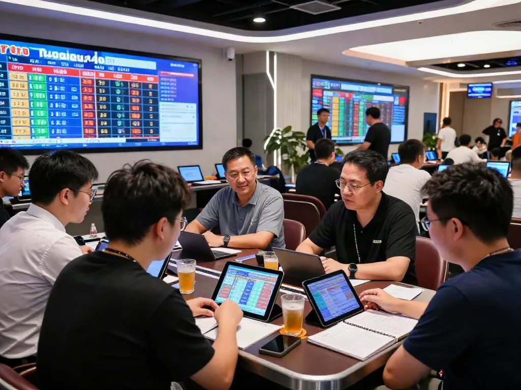 Kelompok orang berinteraksi tentang Bandar Toto Macau dalam lingkungan taruhan modern dengan hasil 4D langsung.