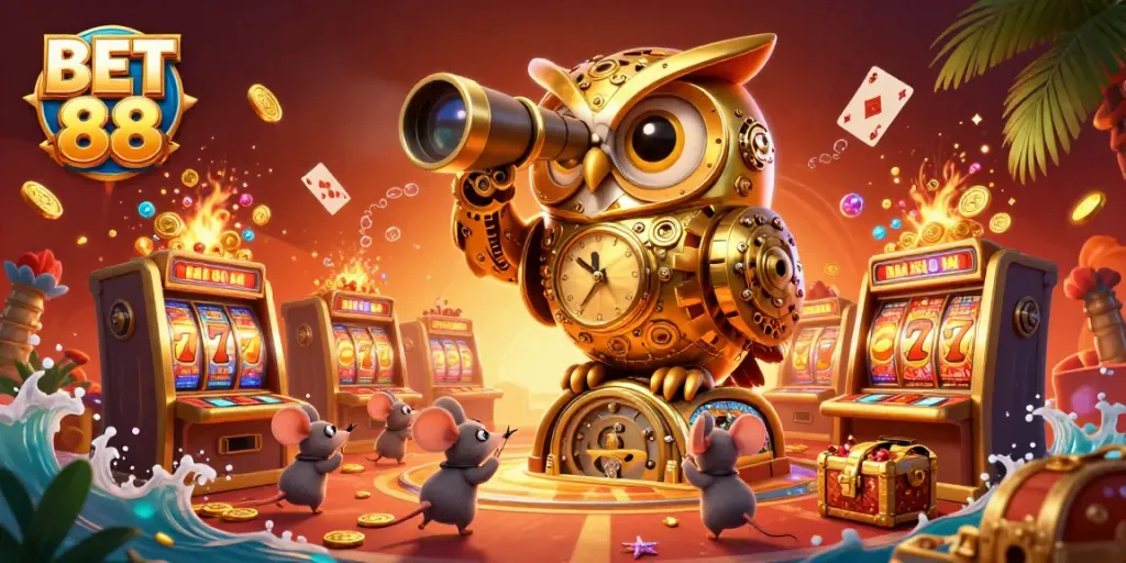 Engage with BET 88 at a bustling casino where a golden owl watches over lively slot machines, capturing a vibrant gaming experience.