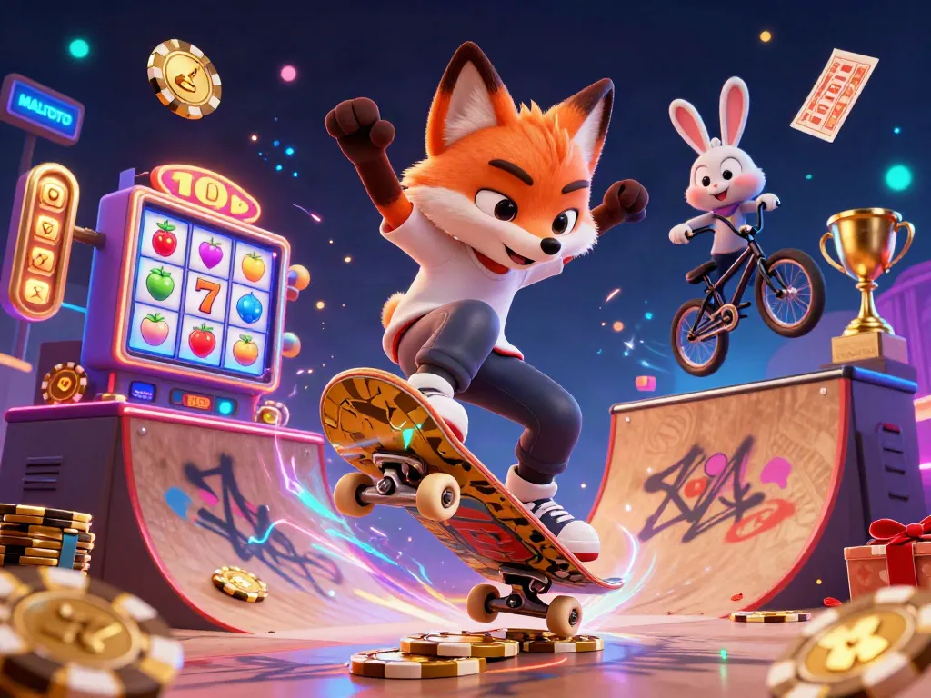 MALITOTO showcases a cartoon fox skateboarder over colorful slot machines surrounded by playful elements.