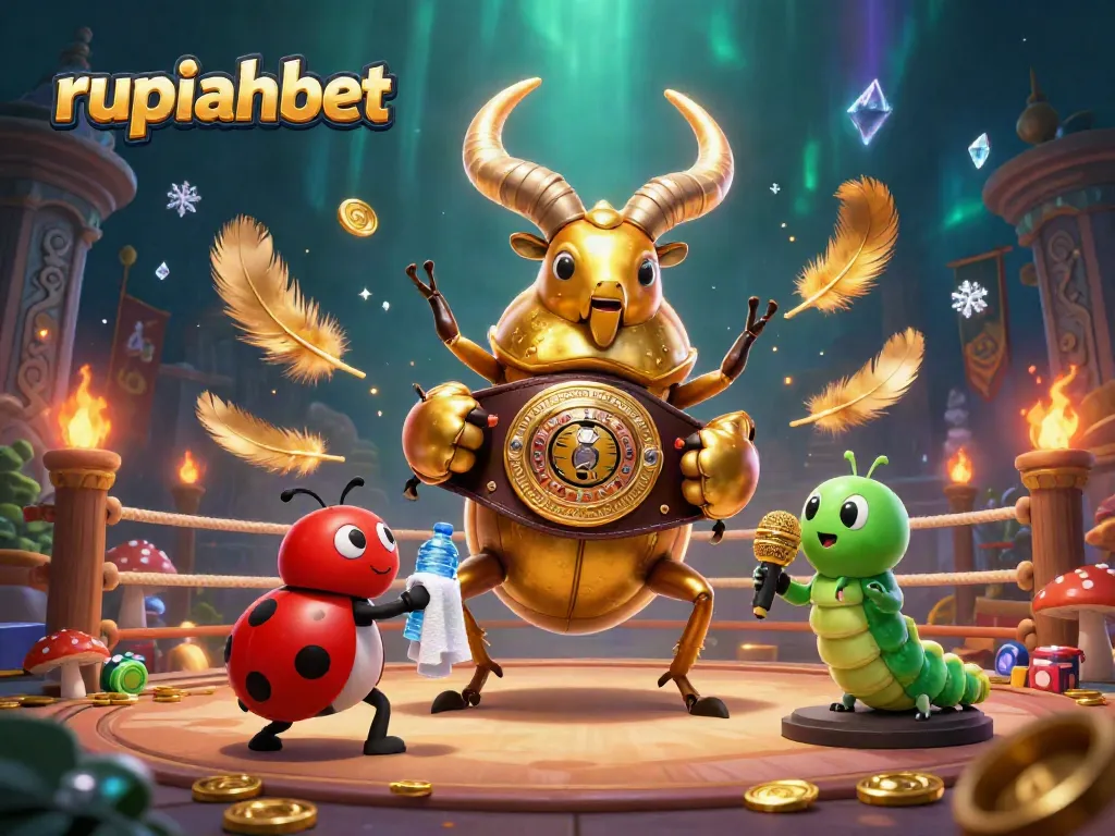 Experience the thrill as rupiahbet features a giant golden stag beetle battling in an Asian-themed arena.