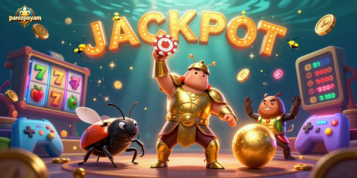 Gambaran 3D kartun berlatar kasino, panizpayam menampilkan kemenangan jackpot dalam permainan slot yang menggembirakan.