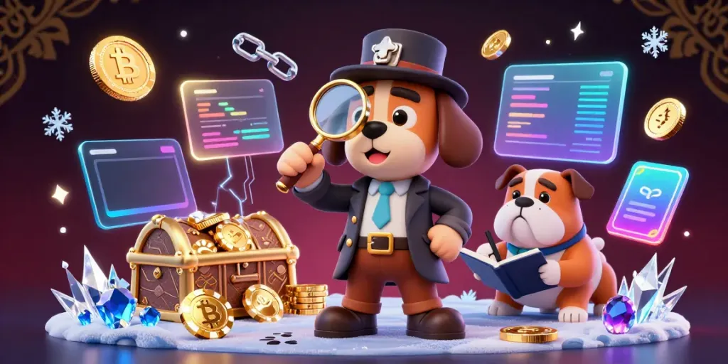 Experience the thrill of TUTITOTO with a vibrant 3D scene of a detective examining treasures amidst glowing crypto coins.