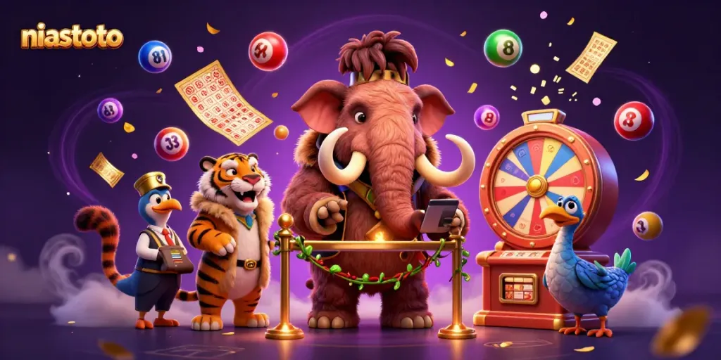 Ilustrasi niastoto menarik dengan bouncer mamut, tamu VIP, dan doorman, secara penuh warna.