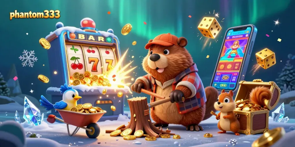 Spin to win at phantom333 with cartoon characters collecting golden coins and vivid casino elements.