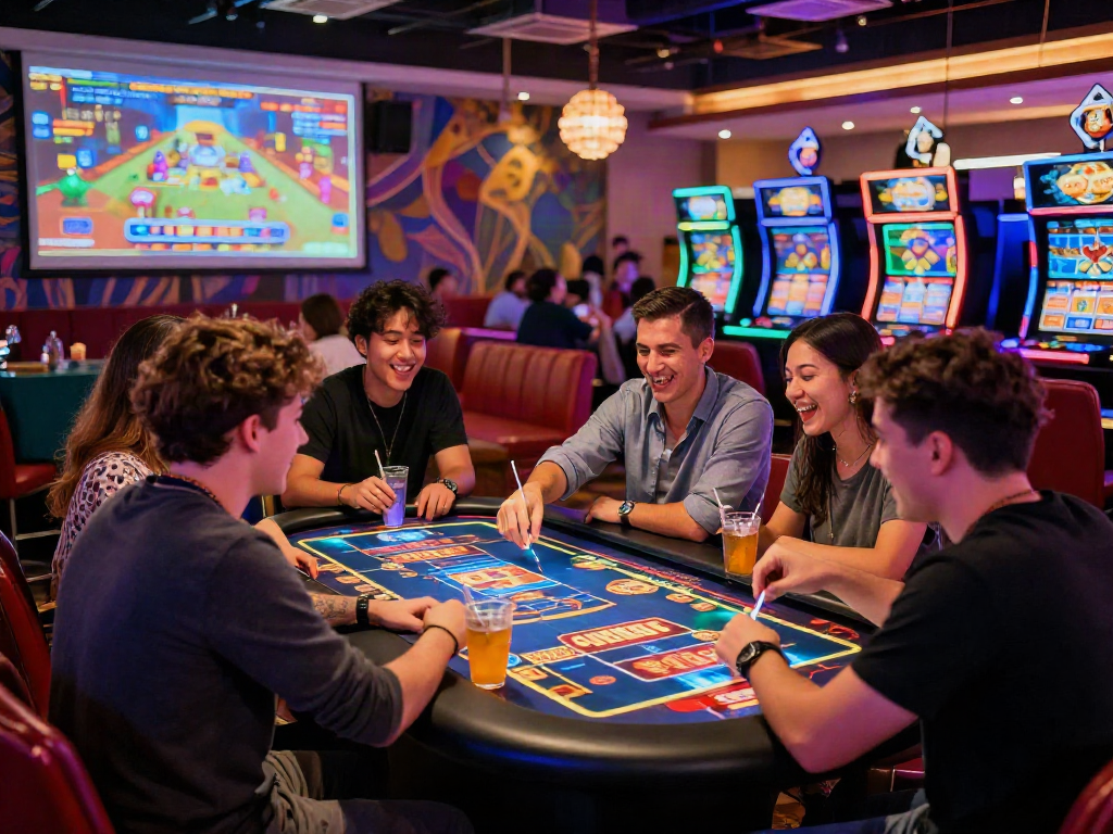 Enjoying Slot MAHJONGJP88 in a lively casino setting with friends.