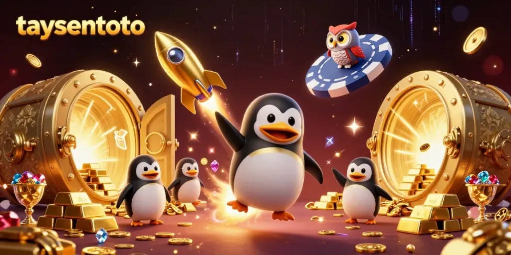 Taysentoto showcases a golden penguin in space, symbolizing thrilling online gaming adventures.