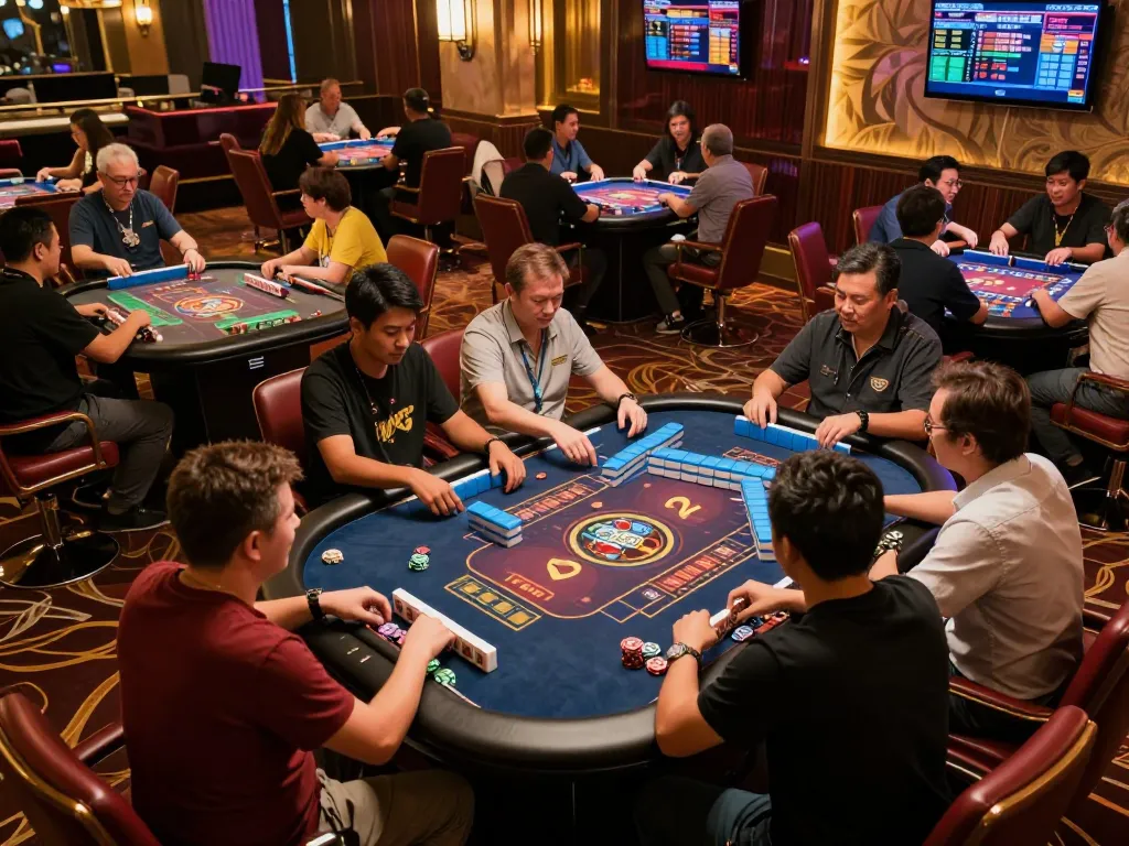 Pemain terlibat dengan ritme spin mahjong ways 2 di lantai kasino yang ramai, menggambarkan permainan strategis.