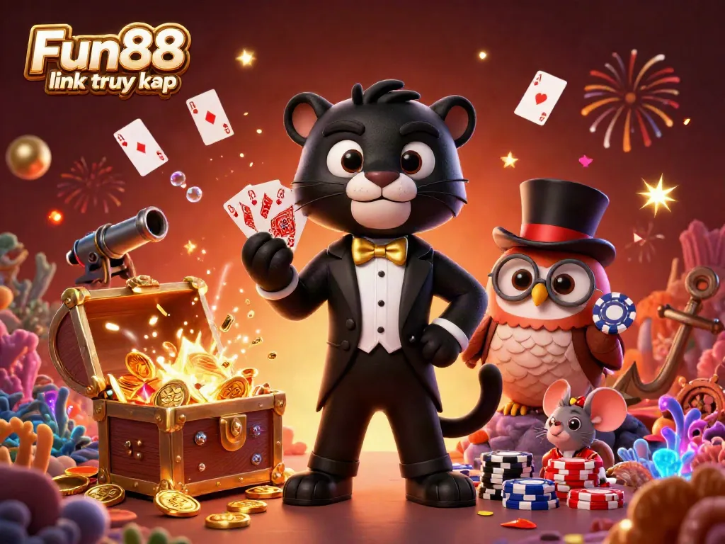 Engage in winning strategies with Fun88 link truy cập, featuring a stylish panther, owl, and lucky mouse amidst vibrant casino elements.