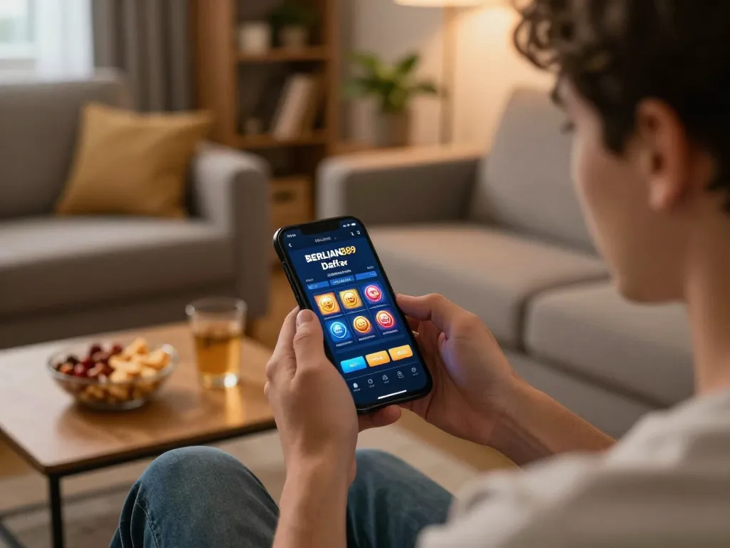 Engaged user navigating BERLIAN889 Daftar interface on smartphone while enjoying a comfortable home gaming atmosphere.