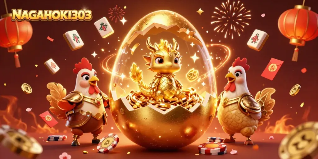 NAGAHOKI303 presents a dazzling scene with a golden dragon and casino elements, symbolizing excitement.