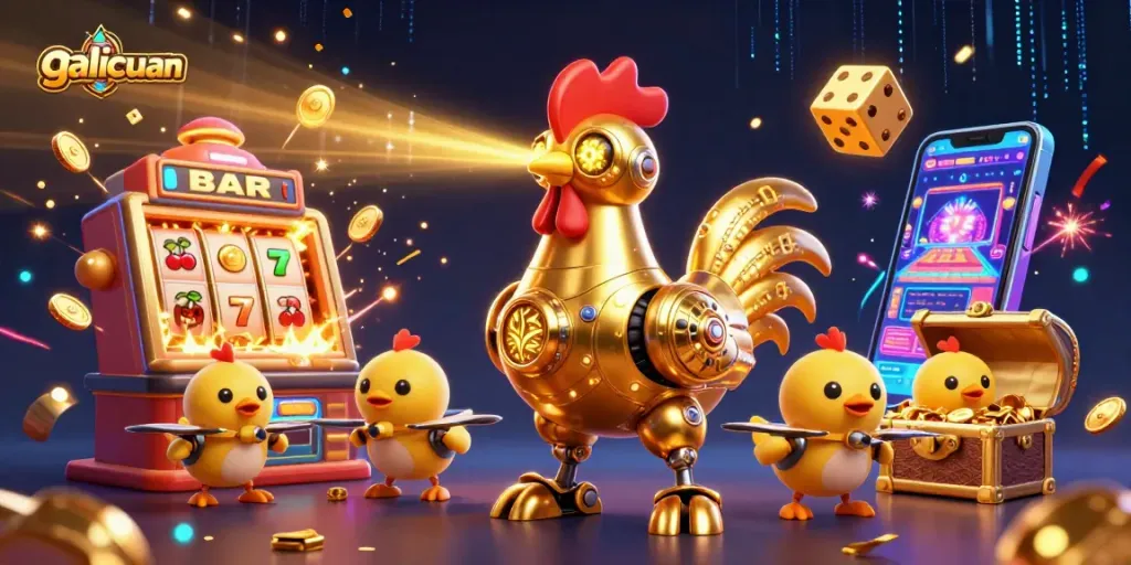Memainkan galicuan dengan robot ayam emas futuristik dan drone anak-anak dalam suasana kasino yang ramai.
