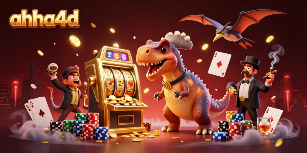 AHHA4D menampilkan dinasaurus 3D memukul mesin slot untuk mendapatkan koin jackpot di kasino.