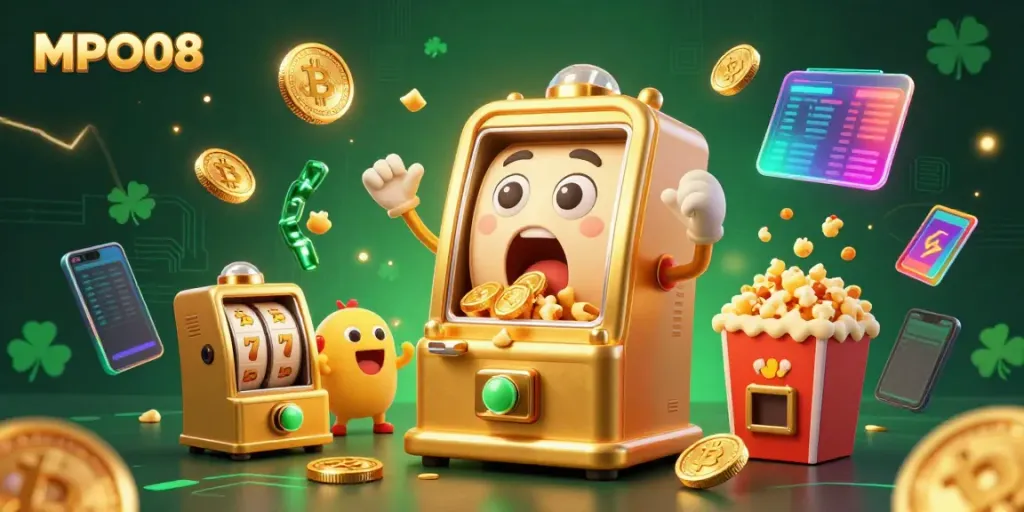 MPO08 slot machine hitting a jackpot with cheering smaller machines and a popcorn machine, surrounded by crypto coins.