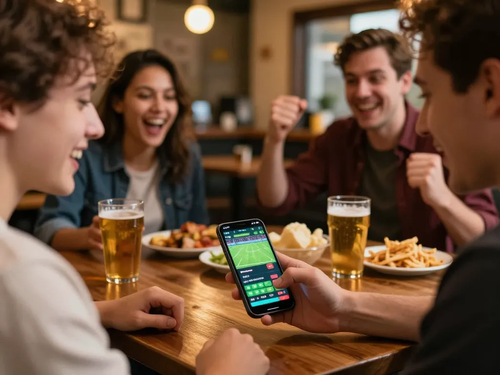 xem bóng đá Socolive engagingly using a smartphone for live betting in a social bar atmosphere