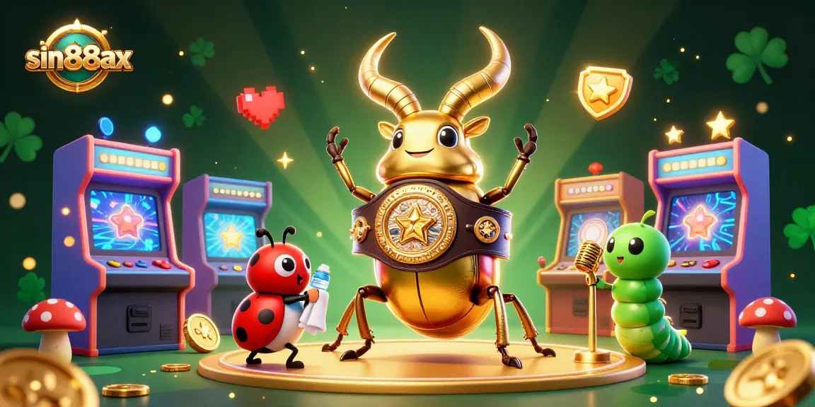 Join the action at sin88ax with a dynamic 3D scene featuring a golden stag beetle boxing champion alongside arcade game elements.