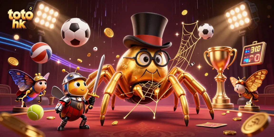 Ilustrasi 3D menampilkan toto hk dengan laba-laba emas raksasa dan ksatria kepik di dunia kasino.