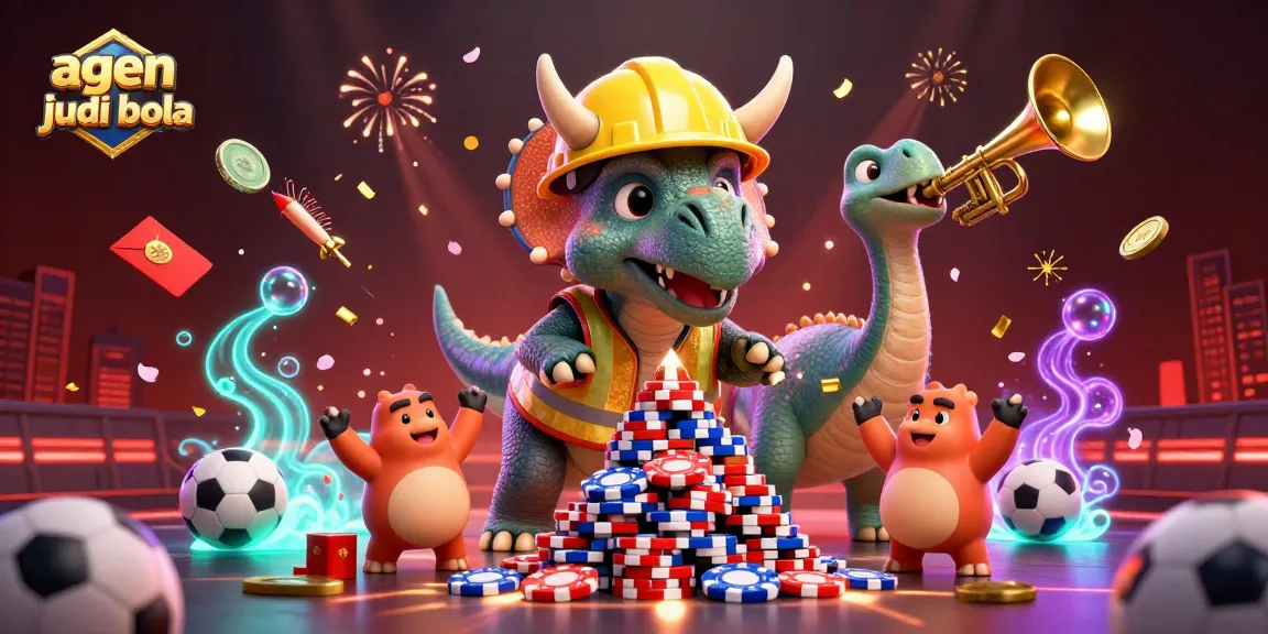 Cheerfully engaging scene showcasing agen judi bola with characters building poker chip pyramid amidst sports-themed elements.