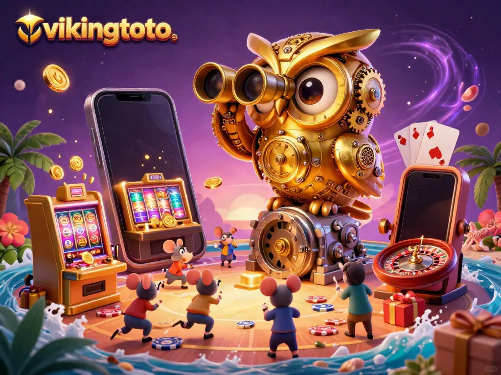 Engage with vibrant casino gameplay at vikingtoto, featuring a cartoon owl and gear-driven elements.