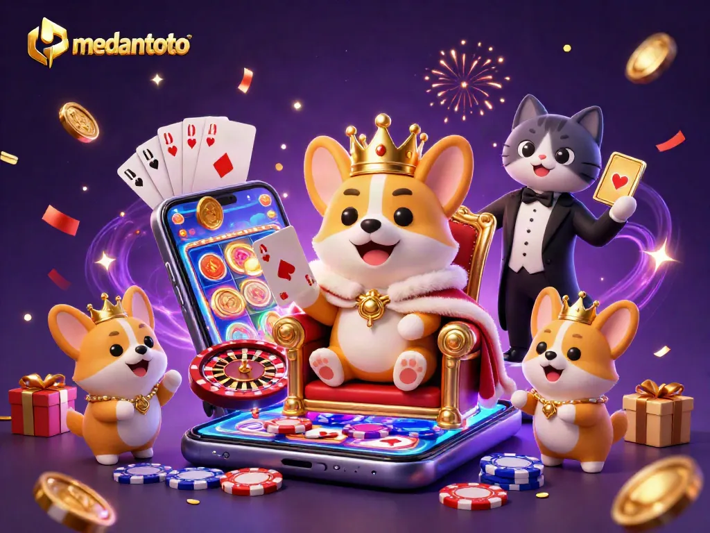 Medantoto menghadirkan ilustrasi kasino 3D dengan corgi kerajaan dan elemen judi yang memikat.