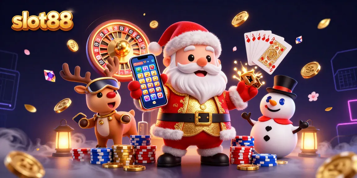 Win jackpots with slot88 at this vibrant casino scene featuring Santa and friends!