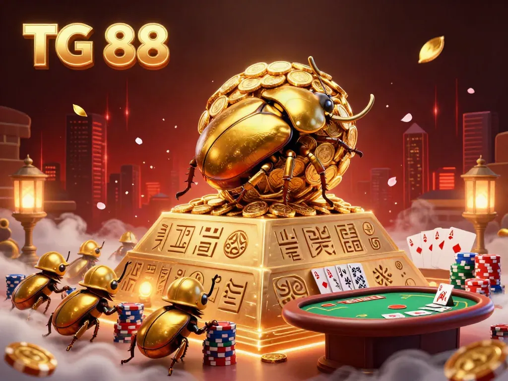 Engage with TG 88 as golden beetles energize a casino scene filled with riches and poker elements.