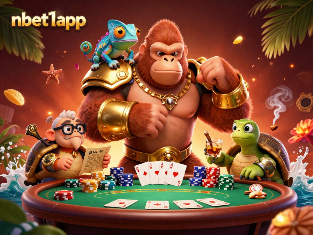 Engage with nbet1app's thrilling poker action featuring a gorilla king and colorful chameleon.