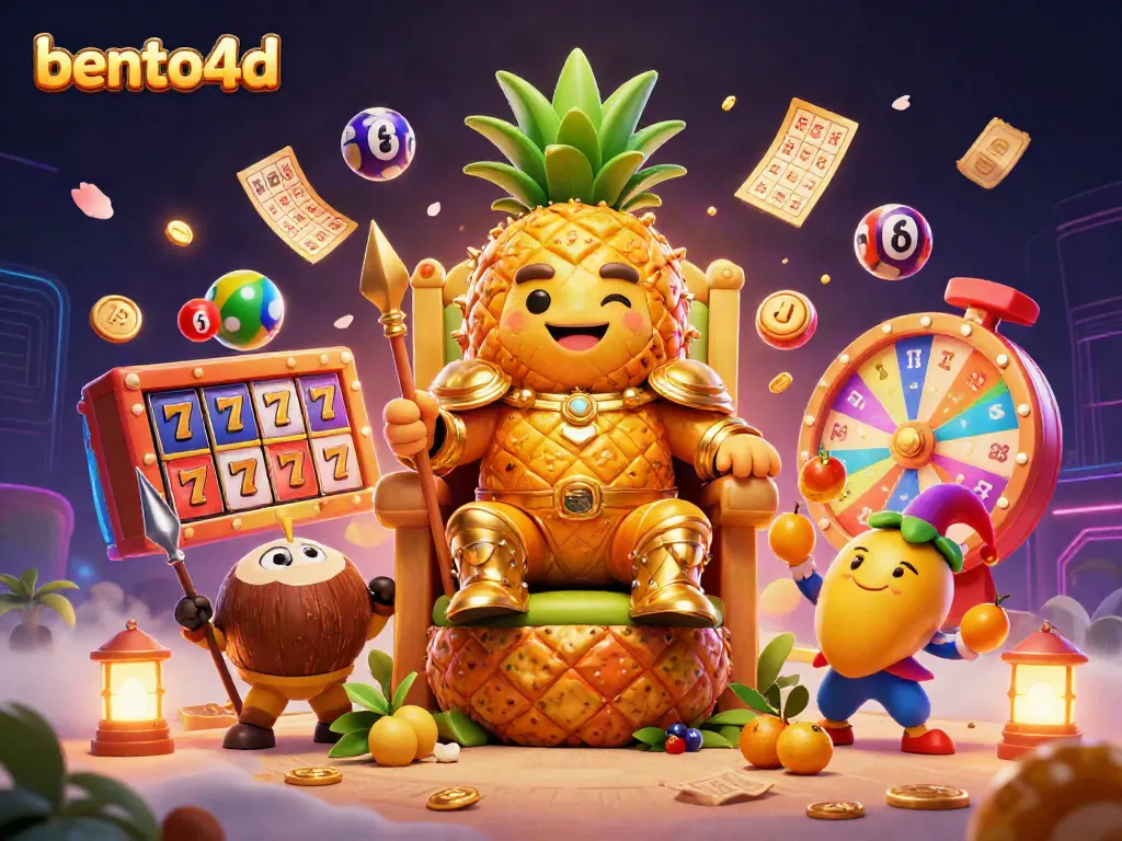 Bento4d jackpots abound with the golden pineapple king and gaming elements creating a vibrant scene.