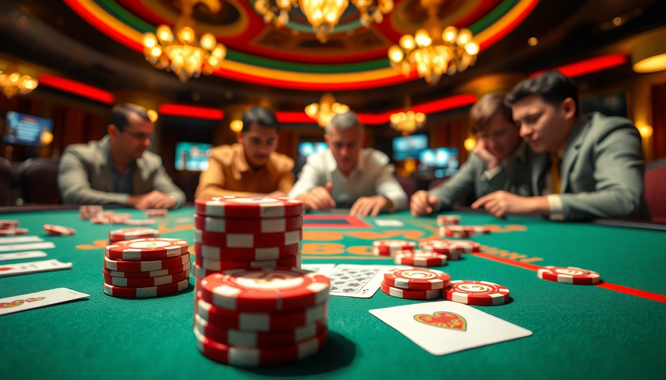 Permainan poker bbtn4d yang mendebarkan dengan pemain berkonsentrasi di meja kasino.