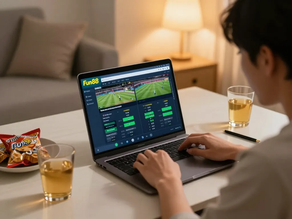 Engaging in Fun88 sports betting at home, analyzing odds on a laptop in a cozy atmosphere.