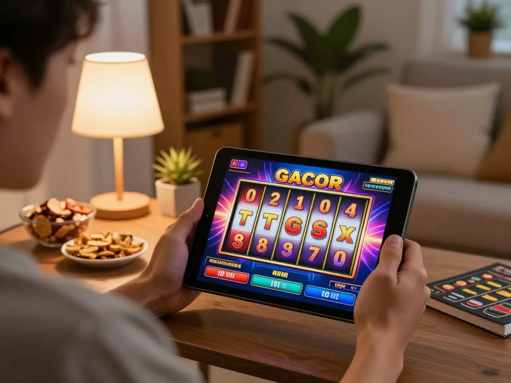 Engaging in online slot gacor gaming at home with vibrant tablet display and cozy atmosphere.