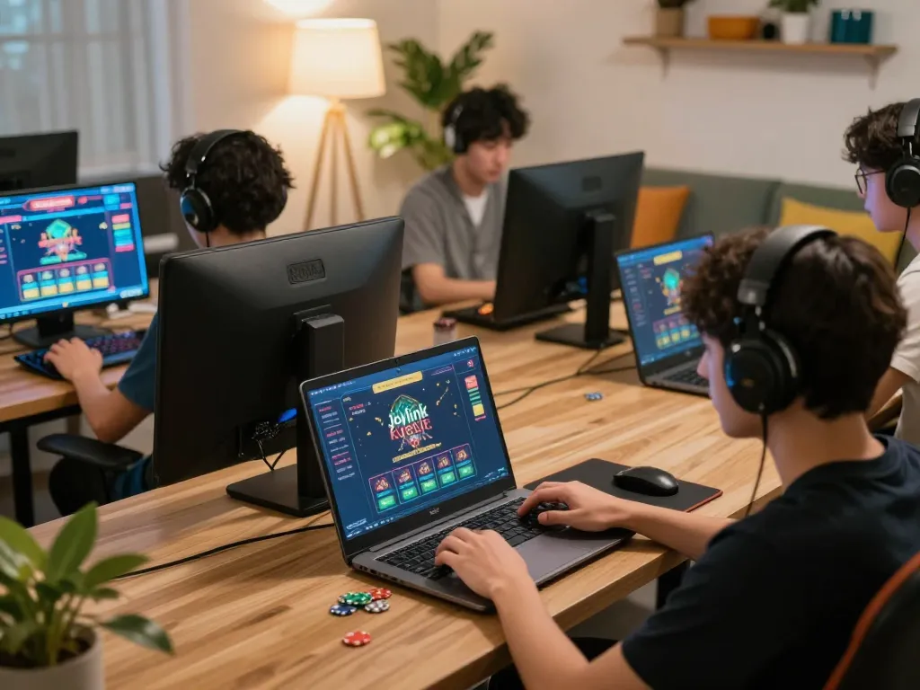 Player engaging in online casino gameplay with joylink free kredit interface illuminated on laptop, showcasing strategic gambling moments.