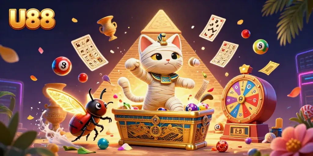 Experience thrilling U88 casino excitement with the mummy cat and glowing scarab in a vibrant gaming environment.