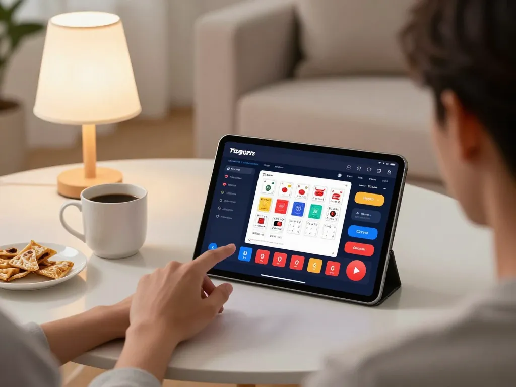 Engaging in togel singapore gameplay at home with tablet and snacks in cozy living room setting.