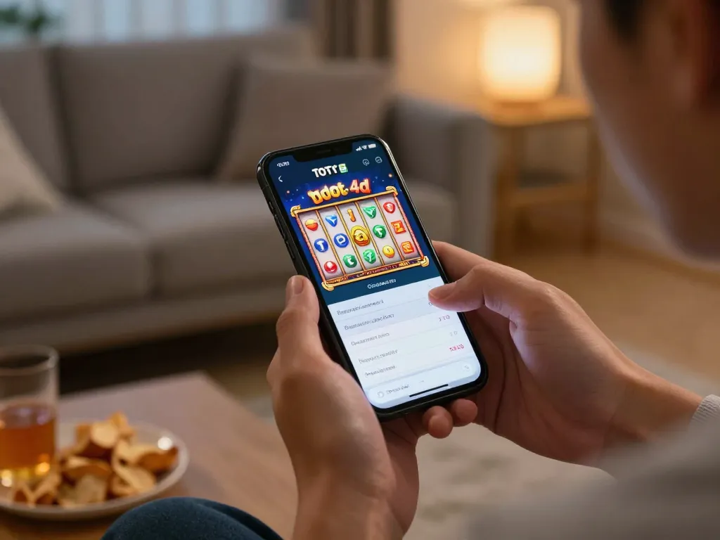 Engaging player enjoying toto slot 4d on smartphone during cozy home gaming night