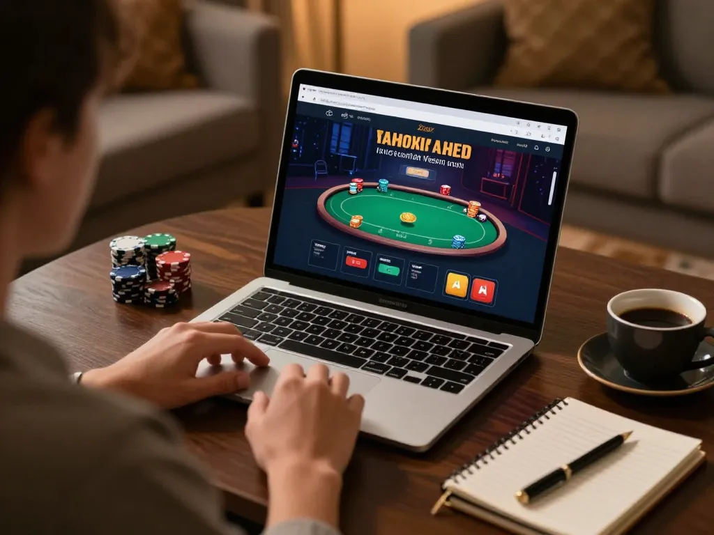 789bet player analyzing strategy during an online poker game in a relaxed home setting