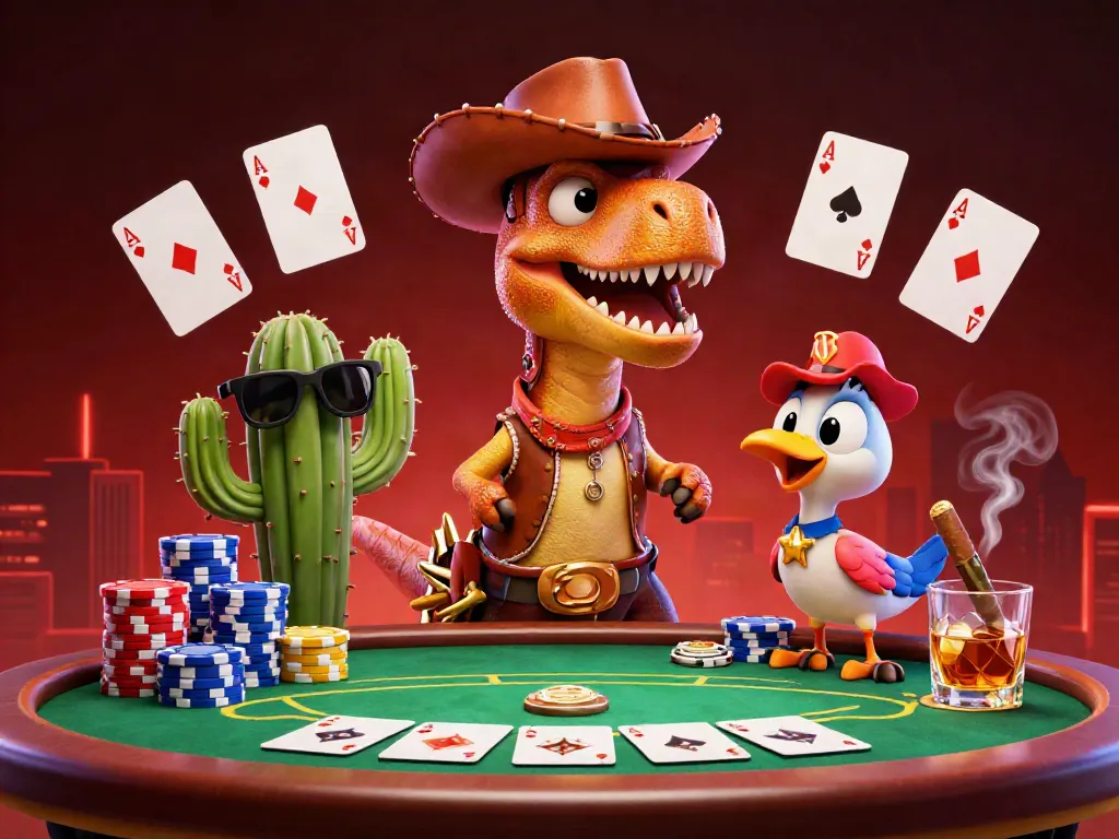 Experience the thrill of phimmoi,com with a vibrant 3D casino scene featuring a T-Rex and poker elements.