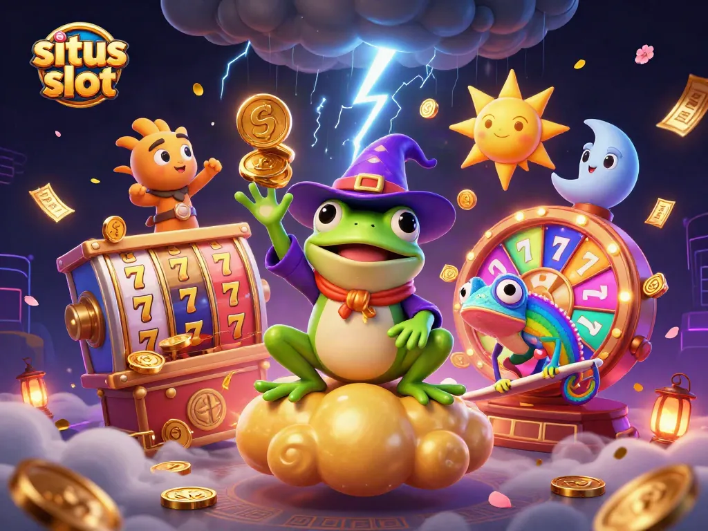 Menangkan jackpot besar di situs slot dengan gulungan slot dan simbol keberuntungan yang mencolok.