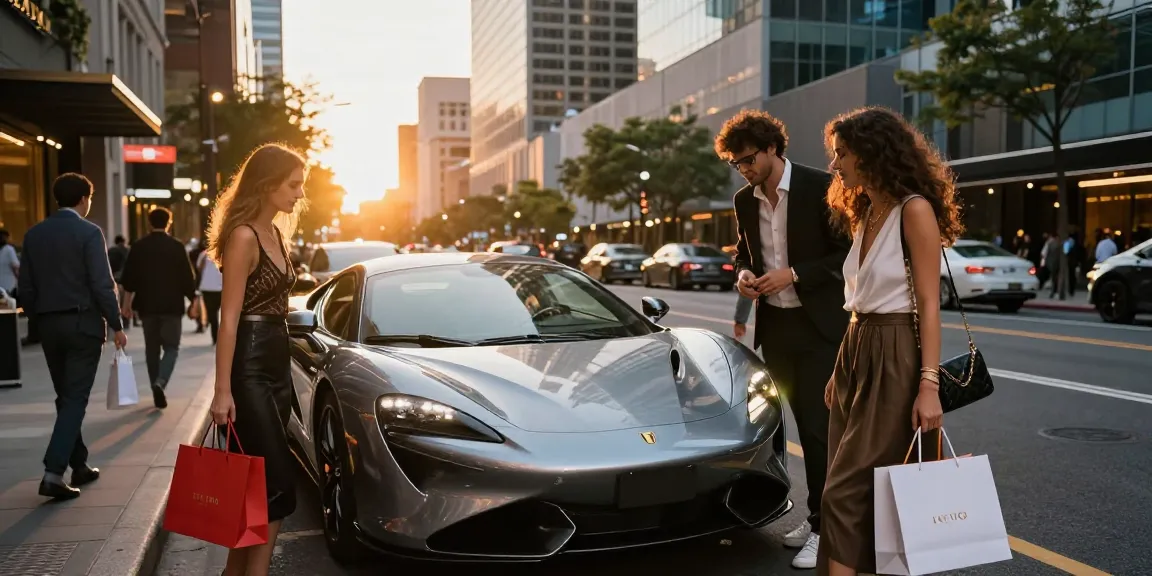 Pengalaman LUXURY 777 dengan pasangan muda memeriksa mobil sport mewah di jalan kota yang ramai.