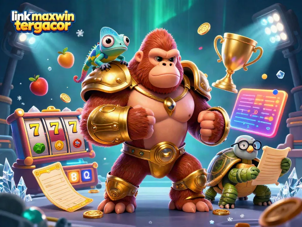 Engage with link maxwin tergacor as a vibrant 3D illustration featuring a golden gorilla king, chameleon, and wise tortoise in a dynamic casino setting.