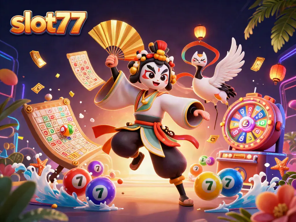 Menangkan jackpot di slot77 dengan karakter kabuki dan elemen kasino yang penuh warna.