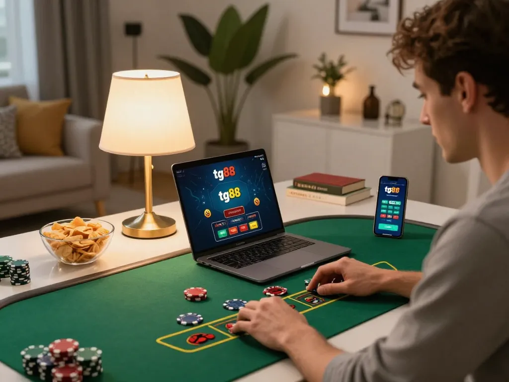Engaging player analyzing blackjack strategies on tg88 app at cozy home desk